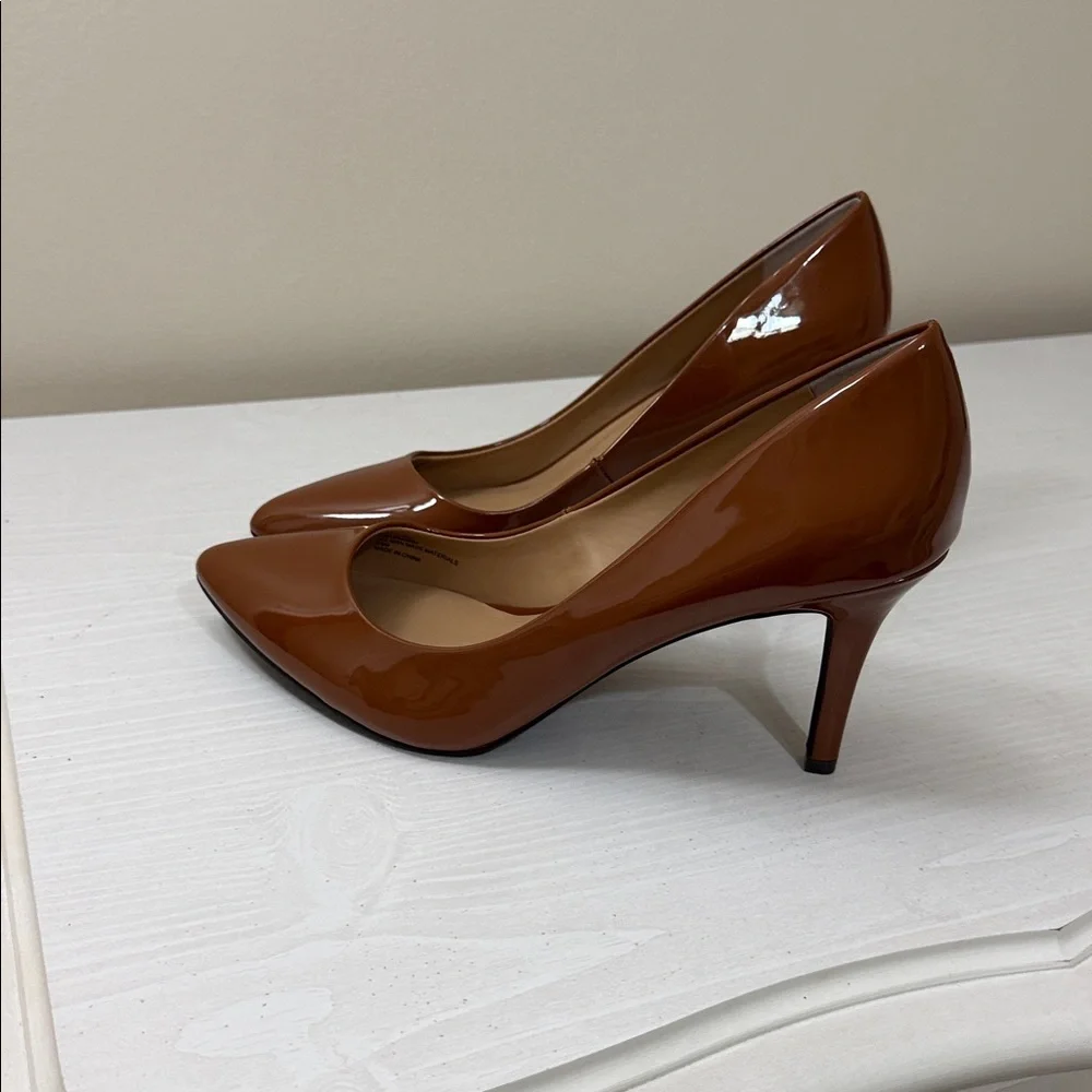 INC cognac patent leather pumps
